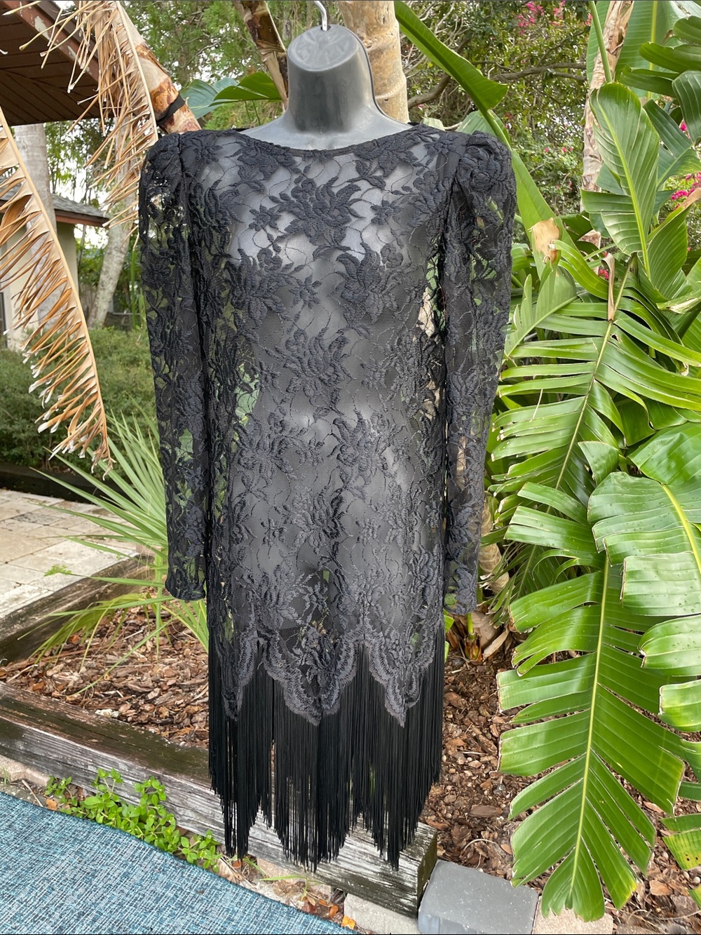 Lace sheer 80s style vintage power shoulder drop waist fringe dress